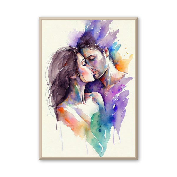 Abstract couple in love wall art print. Beautiful Painting for Lovers in Watercolor. Dreamy Paintings of romance, and relationships.