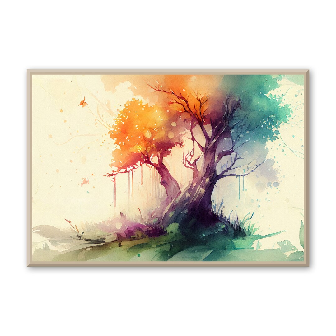 Watercolor Fantasy Tree Painting. Nature Landscape Nature Wall Etsy