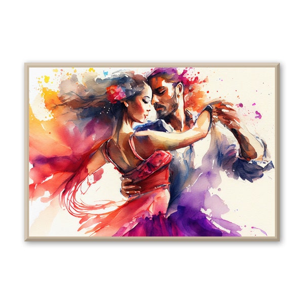 Peinture à l'aquarelle d'une danse salsa passionnée. culture latine. Art mural Dancing Couple pour salle de bal, studio de danse ou comme cadeau pour les danseurs.