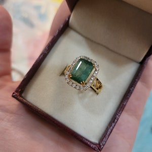 Natural Emerald Ring 3 Carat with Pave Diamond 18K Gold Band Large Bold Jewellery