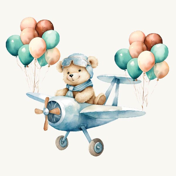 Bear Balloon Plane Watercolor poster | Birthday Welcome Shower Sprinkle Decor Sign Printable | Printable Kid room Art