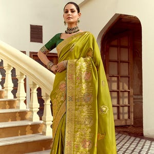 Mehndi Green Made To Measure Zari Woven Banarasi Silk With Contrast Green Blouse Wedding Wear Festive Saree For Bridal Wear Gift For Women