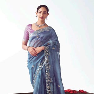 Party Wear Blue Handwork Organza Tissue Silk Saree Gifts for Wife Sangeet Function Outfit Wedding Guest Saree Bridal Wear Designer Saree