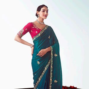 Teal Handwork Organza Tissue Silk Bridesmaid Saree Ready Pleated Fancy Saree Indian Wedding Guest Wear Anniversary Gift Reception Party Sari