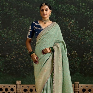 Premium Sea Green Pure Viscose Silk Embroidered Saree With Contrast Navy Blue Embroidered Blouse For Bridal Wedding Wear Stylish Sari