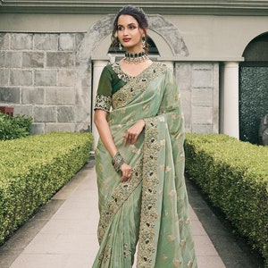 Designer Sea Green Pure Silk Embroidered Festive Wedding Saree With Matching Embroidered Fancy Blouse For Bridal Wedding Wear Stylish Sari