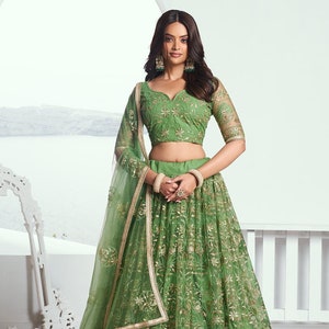 Pista Green Embroidered Lehenga Choli: Butterfly Net Bridesmaid Dress