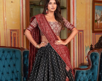 Black Bandhani Dola Silk Lehenga Choli: Ajarakh Print Indian Wedding Outfit