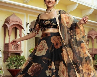 Black Floral Organza Lehenga Choli: Indian Wedding Wear