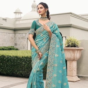 Exclusive Sky Blue Pure Silk Embroidered Festive Wedding Saree With Matching Embroidered Fancy Blouse For Bridal Wedding Wear Stylish Sari