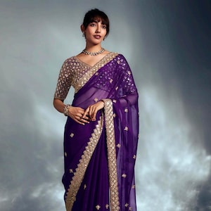 Violet Sequined Organza Silk Saree: Embroidered Blouse, Indian Wedding