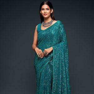 Teal Sequin Saree: Georgette Thread Designer Party Wear
