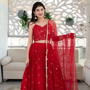 Georgette Red Sequins Zari Embroidered Ready to Wear Lehenga Choli Women Designer Party Wear Ghagra Choli Indian Wedding Wear Lahenga Choli