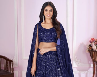 Navy Blue Embroidered Georgette Lehenga Choli: Indian Wedding Wear