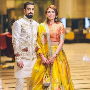 Floral Organza Lehenga Choli: Yellow Indian Wedding Dress