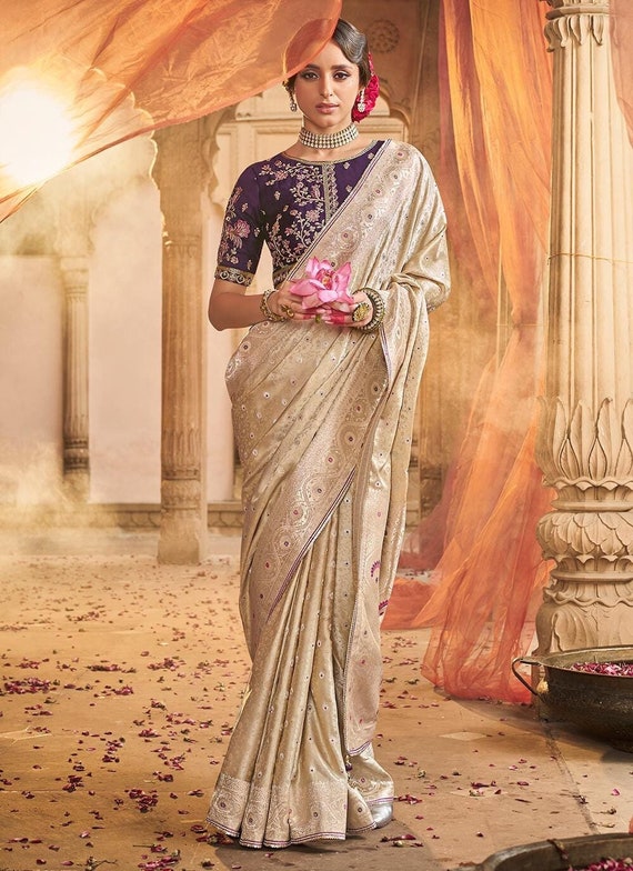 Excellent Cream Designer Banarasi Silk Beautiful Lace Border Saree With  Contrast Heavy Embroidered Blouse for Women Bridesmaids Gift Sari - Etsy