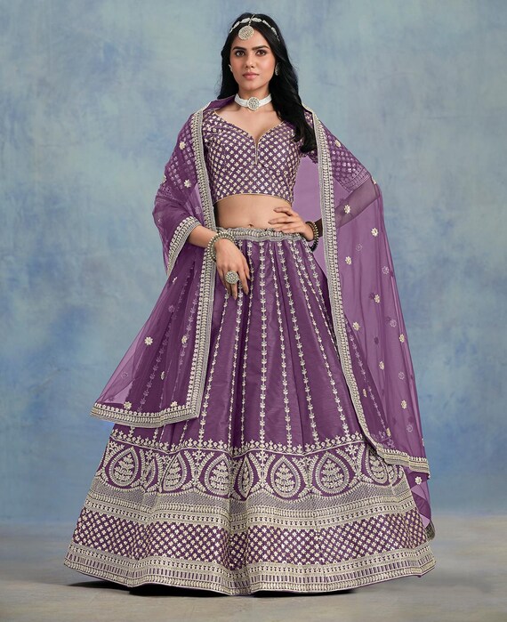 Purple Art Silk Lehenga Choli: Sequins Zari Embroidered Wedding