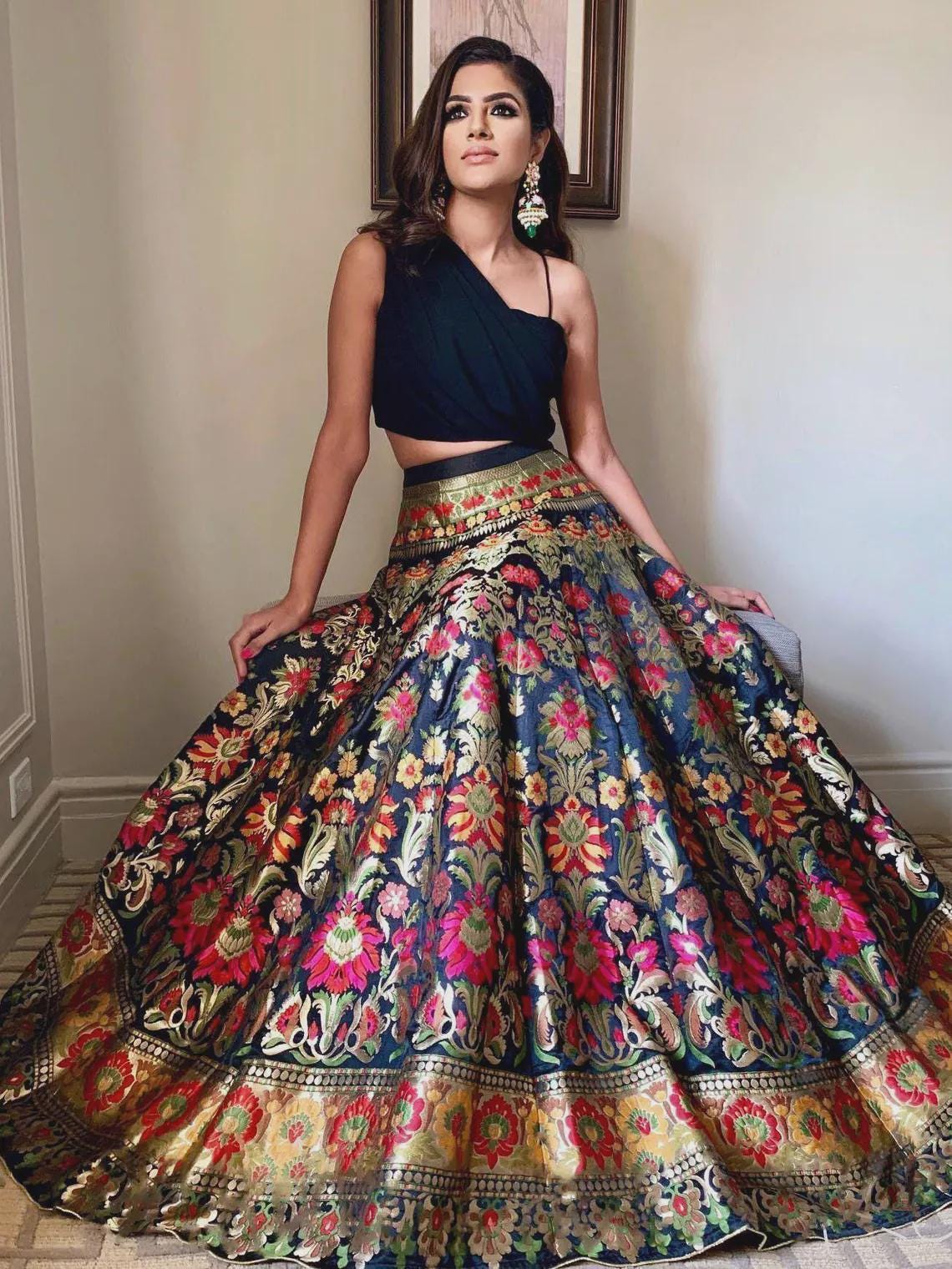 Black Banarasi Silk Lehenga Choli: Indian Wedding Party Wear