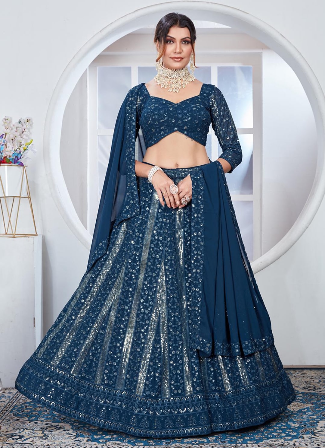 Blue Georgette Sequin Embroidered Lehenga Choli Set for Women Wedding ...
