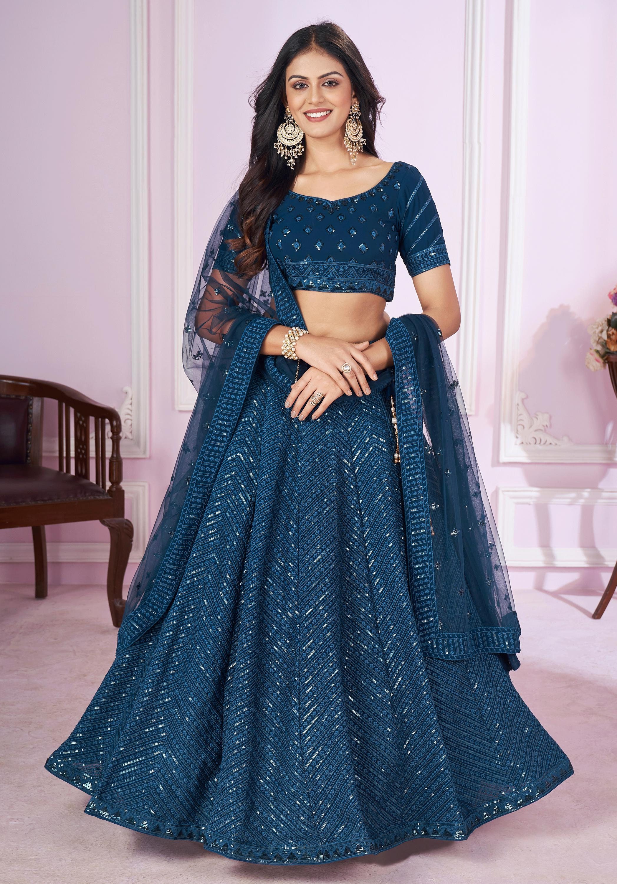 Teal Blue Embroidered Georgette Lehenga Choli: Indian Wedding Wear