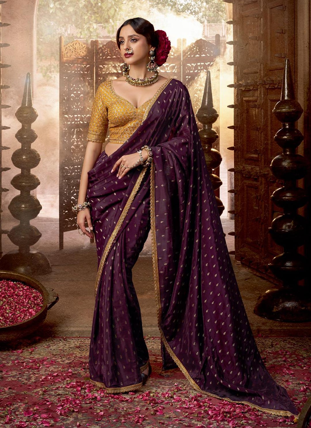 Pradeep Fashion Purple & Yellow Banarasi Silk Wedding Saree With Blouse Piece