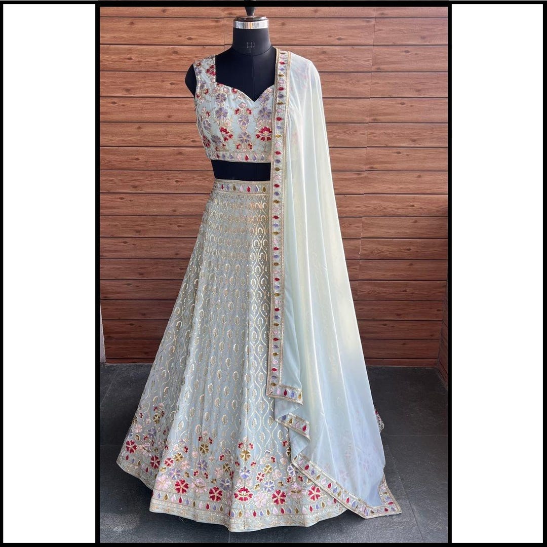 Light Lengha Light Pista Georgette Embroidered Sequin Lehenga Choli Set for Women ...