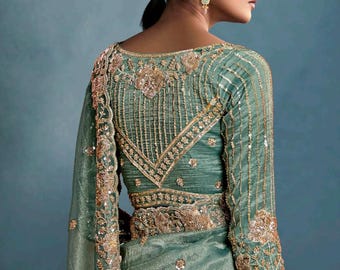 Saree Turchese Da Sposa Con Ricami - Abito Bollywood In Mousseline Per Donna