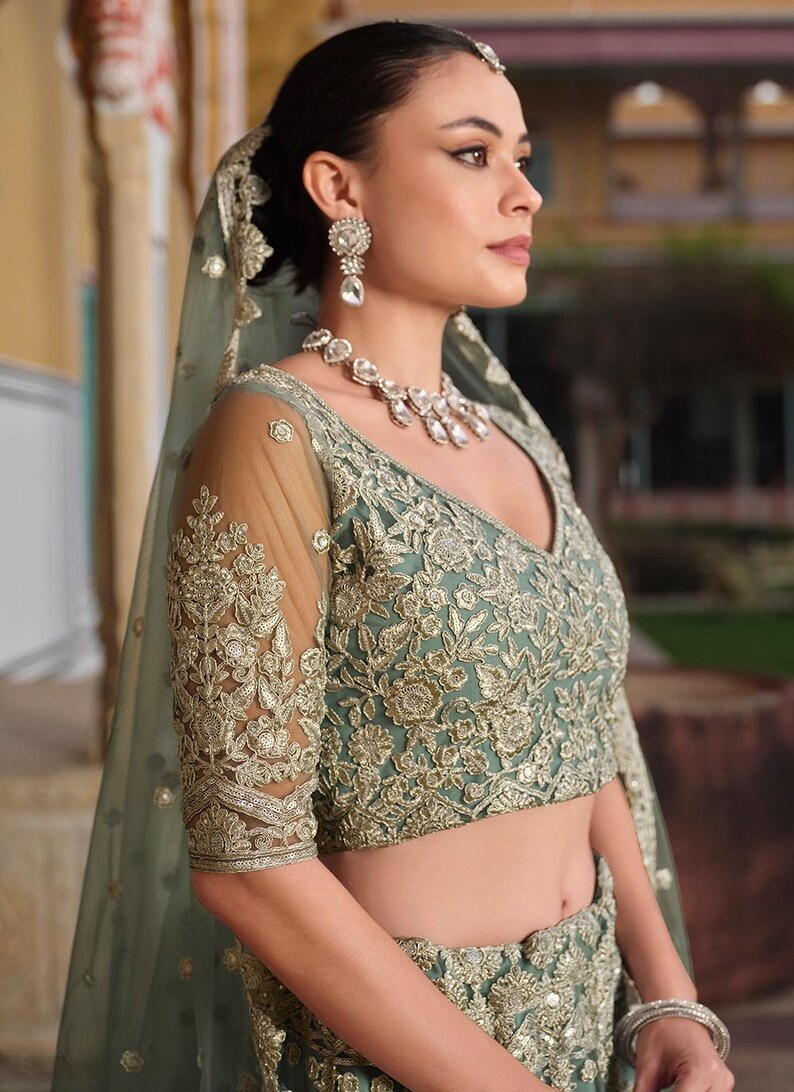Sage Green Net Foil Applique Lehenga