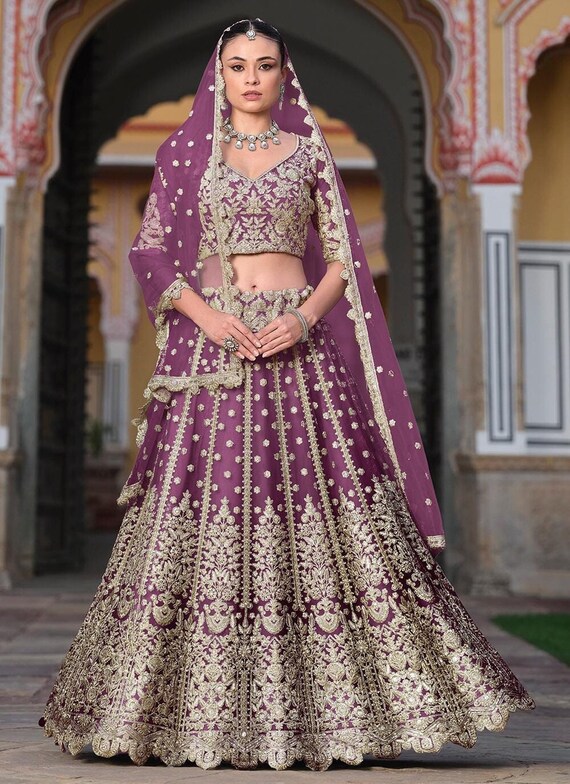 Purple Butterfly Net Lehenga Choli: Embroidered Indian Wedding
