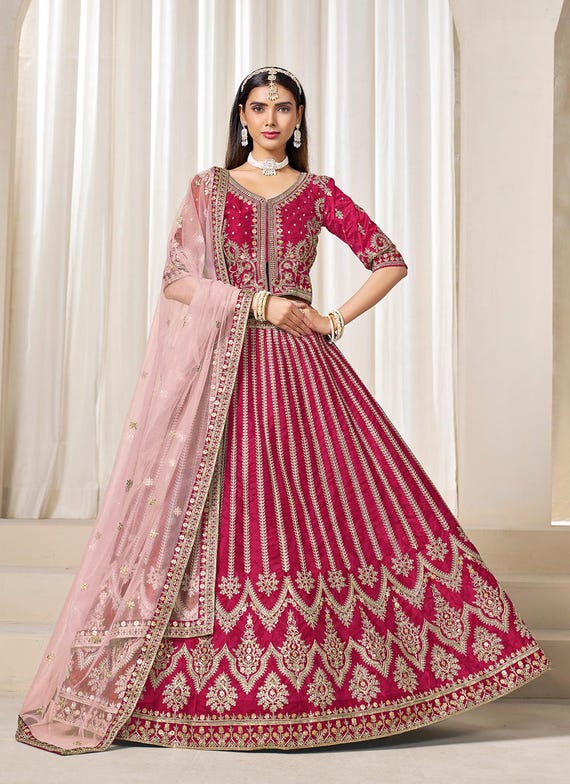 Red Art Silk Lehenga Choli: Embroidered Zari Wedding Bridal Wear