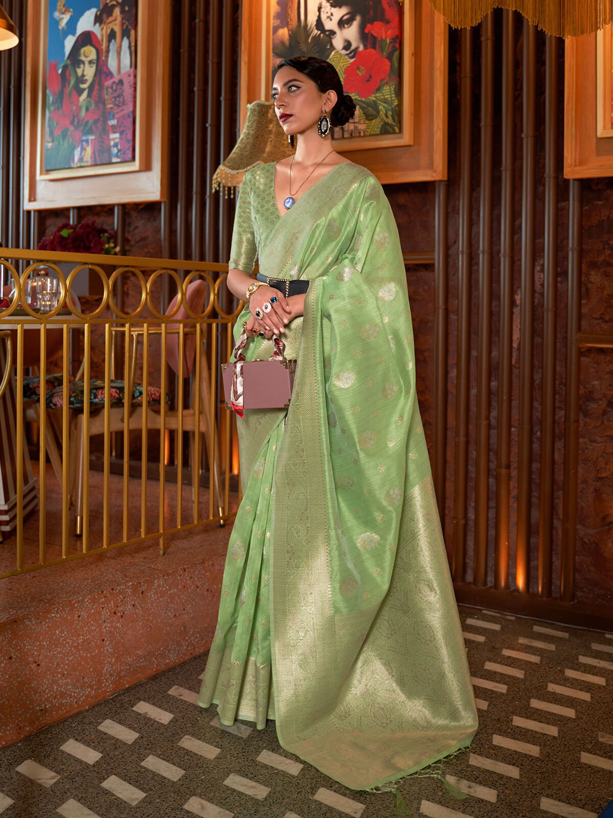 Nikka Parrot Green Tussar Silk Handloom Woven Tribal Border Ready to Wear Saree main image 0