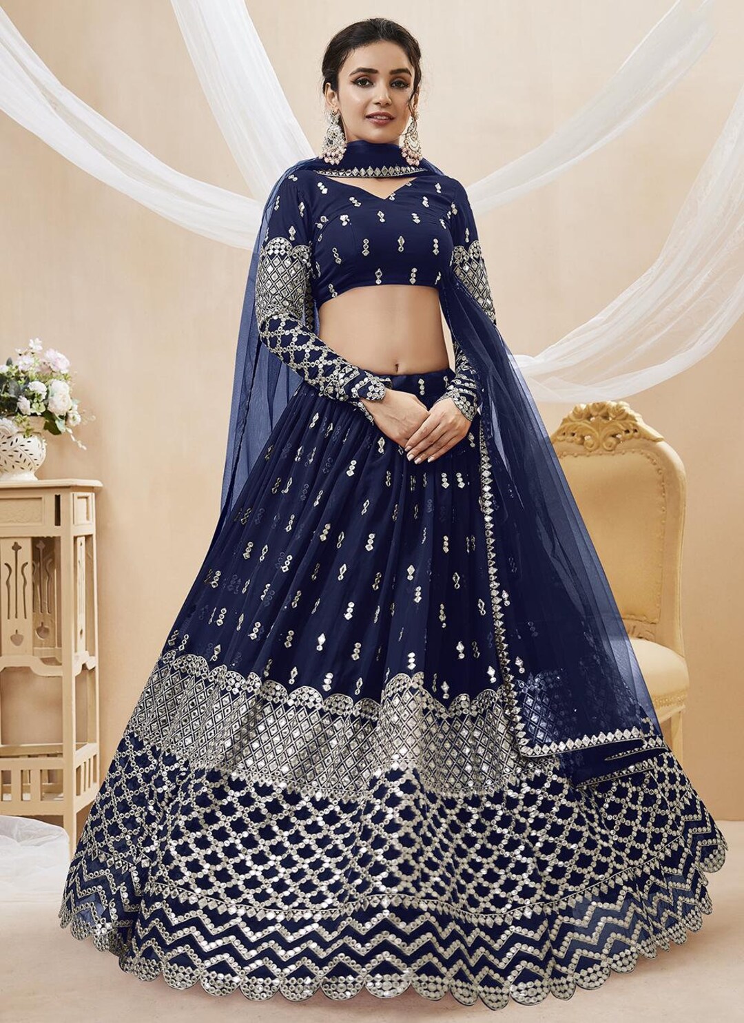 Navy Blue Blooming Georgette Suit Lehenga