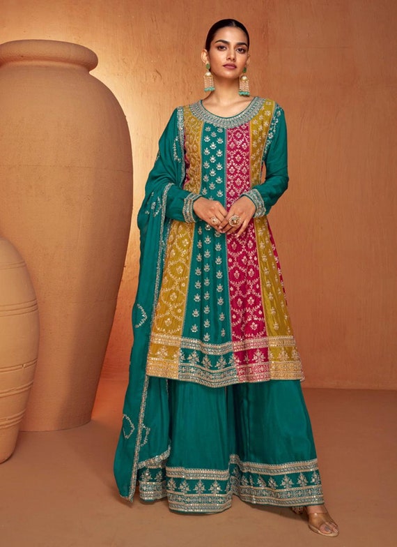 Traje chinon palazzo verde azulado: Sangeet bordado con