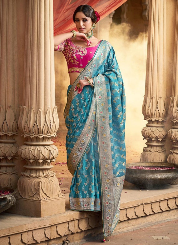 Ocean Blue Banarasi Silk Beautiful Lace Border Saree With Contrast Heavy  Embroidered Blouse for Women Bridesmaids Designer Gift Sari - Etsy