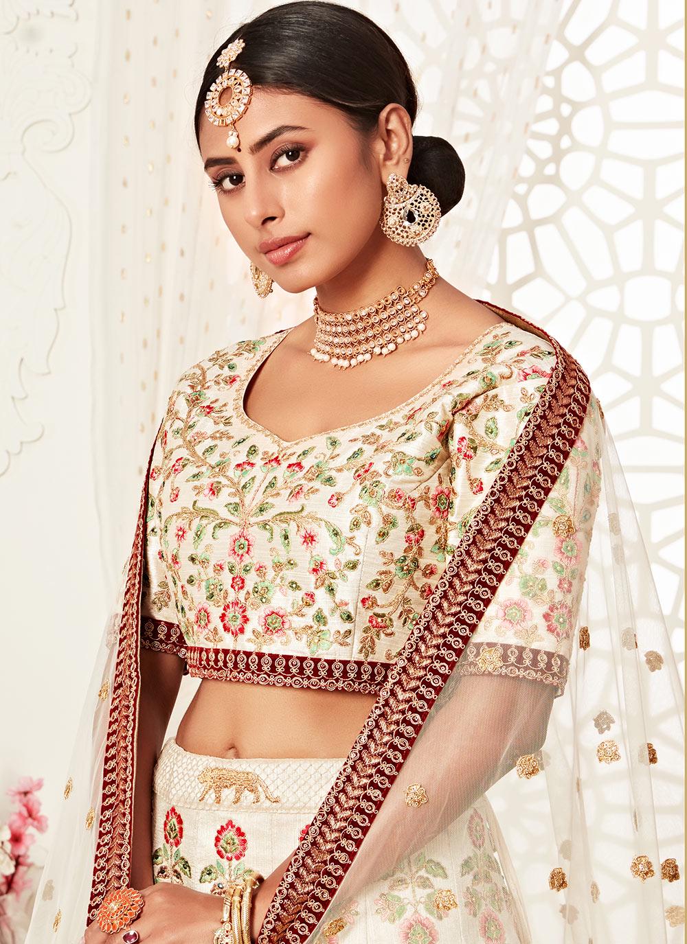 Sabyasachi Inspired Pearl White Bridal Silk Lehenga Choli main image 1