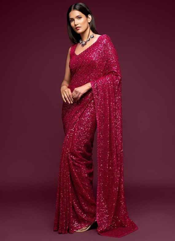 Premium Hot Pink Sequins and Thread Designer Georgette Party Wear Saree  With Blouse Gifts for Girlfriend Festive Reception Wear Saree - Etsy