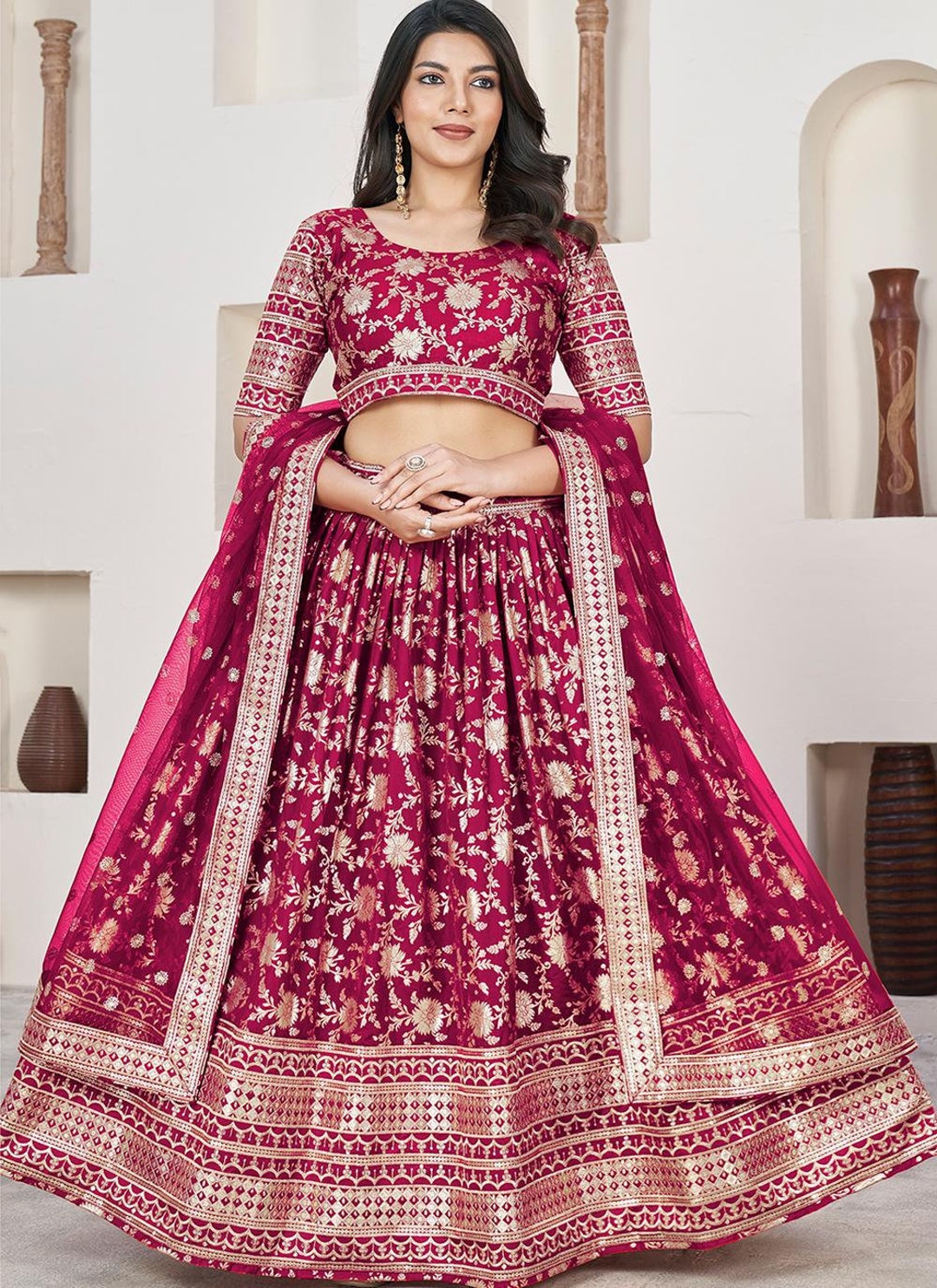 Pure Dola Jacquard Rani Pink Dress Suit Lehenga Bottom main image 1