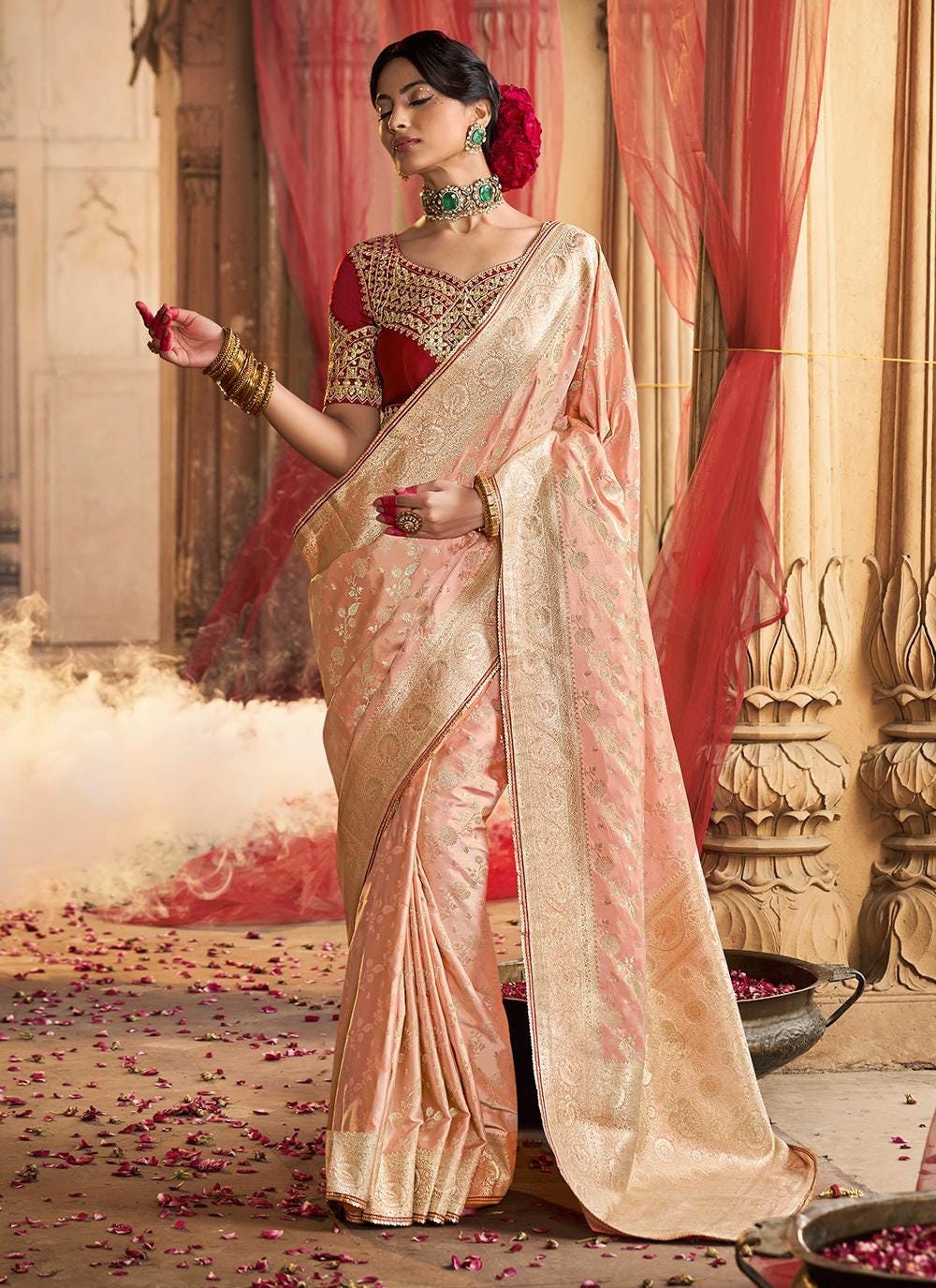 Excellent Peach Banarasi Silk Beautiful Lace Border Saree With Contrast  Heavy Embroidered Blouse for Women Bridesmaids Designer Gift Sari - Etsy