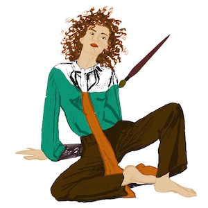 May include: Illustration of a person wearing a teal blouse with a white and black patterned collar, brown pants, and a brown tie. A paintbrush is positioned near the person's shoulder. The person has curly brown hair and is sitting on a white background.
