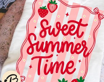 Sweet Summer Time PNG, Striped Strawberry Summer Shirt Design, Coquette Sublimation File, Floral Pink Preppy Tee Graphic