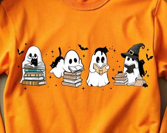 Gato fantasma lindo PNG, libro de lectura PNG, Halloween retro PNG, fantasma de libros, fantasmal de libros PNG, gato negro y libro PNG, espeluznante