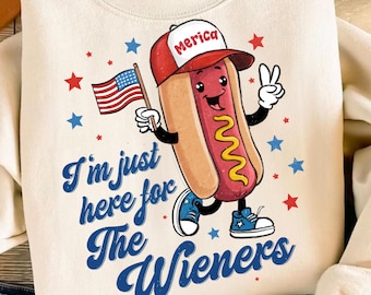 Divertido 4 de julio, solo por las salchichas (PNG), divertido perrito caliente estadounidense (PNG), diseño de camiseta del Día de la Independencia, salchichas patrióticas americanas retro (PNG)