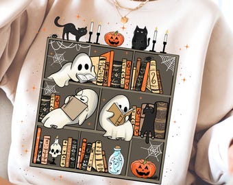 本を読んでいる幽霊 PNG、ハロウィーンの本棚 PNG、幽霊のような本好き PNG、黒猫と本 PNG、かわいい幽霊の本 PNG、本好きのハロウィーン PNG