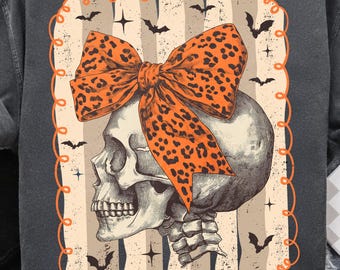 Calavera retro de Halloween PNG: lazo otoñal y esqueleto de calabaza (descarga digital)