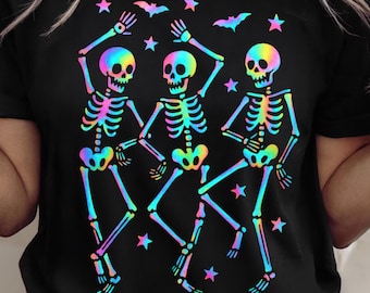 Retro Neon Dancing Skeletons PNG: Funny Halloween Clipart (Digital Download