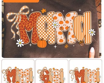 Mama mini Pumpkin Leopard Bundle PNG, Floral Fall Pumpkin PNG, Fall Coquette bow png, Preppy Autumn Sublimation, Checkered Mama Shirt PNG