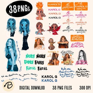 Może przedstawiać: Kolekcja 38 cyfrowych plików PNG zawierających różne ilustracje Karol G, w tym postacie w stylu chibi, portrety fotograficzne oraz stylizowane grafiki tekstowe, takie jak Karol G, Latina Forever, Nasty, Fatty i Fácil w różnych kolorach.