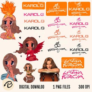 May include: Digital download featuring illustrations and logos. Includes cartoon figures of a mermaid, angel, and a woman with a drum. Text includes "KAROL G", "LATINA FOREVA", and "DIGITAL DOWNLOAD". The image is 300 DPI.