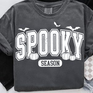 May include: Dark gray long-sleeve shirt with the words "SPOOKY SEASON" in white block letters. The design includes white bats and pumpkins. The shirt has a vintage, worn look.