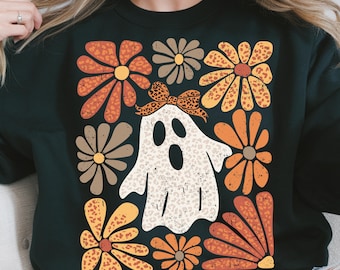 Boho Ghost PNG, Pink Leopard Halloween Sublimation, Floral Spooky Season Shirt Design, Cute Halloween Ghost Graphic, Preppy Fall Download